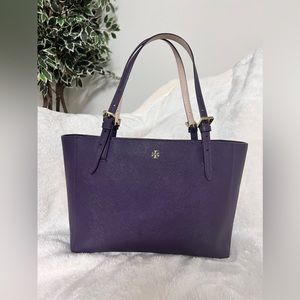 Tory Burch small York buckle handbag tote in Purple Iris Saffaino leather.